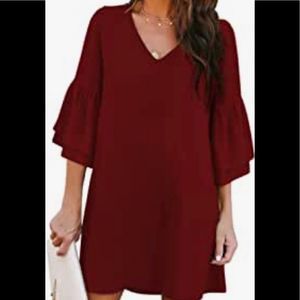 Belongsci Cute & Beautiful V-Neck Flare Sleeve Sheath Short Dress Burgundy Sz M